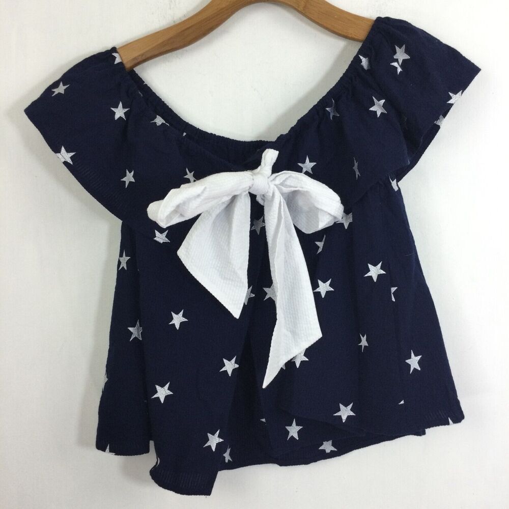 Lauren James Womens Stars Print Off the Shoulder Seersucker Bow Top Navy White L - Picture 11 of 11